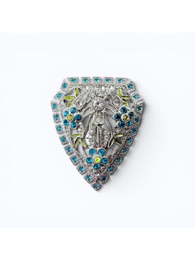 Vintage Art Deco Style Dress Clip Brooch Aqua Blue Lime Yellow Clear Rhinestone